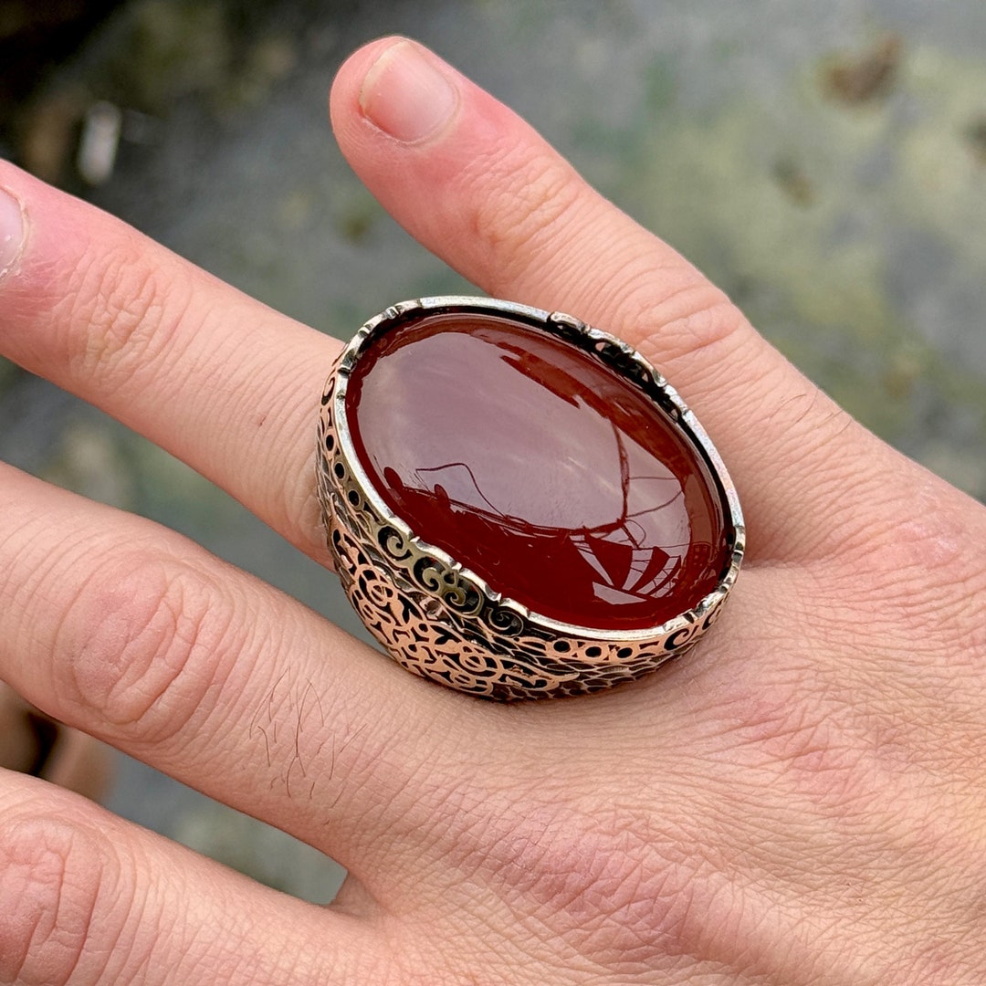 Silver Large Men Red Agate Ring, Handmade Carnelian Ring for Men ...