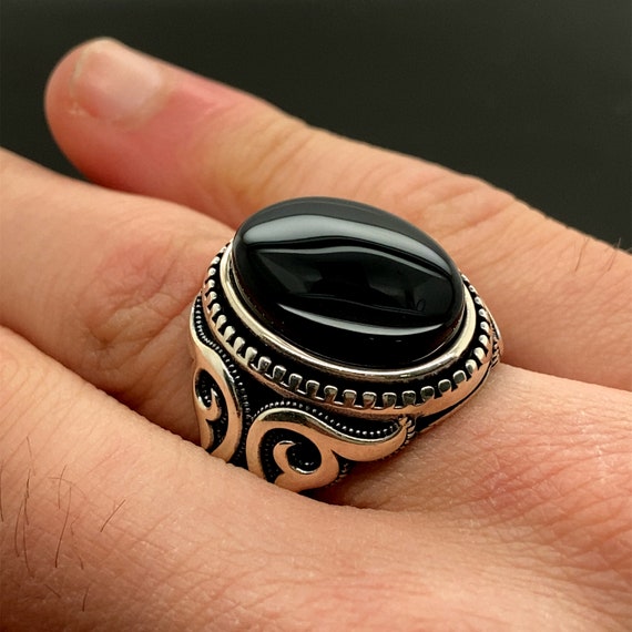 メンズハンドメイドオニキスリング、ブラックオニキスジェムストーン