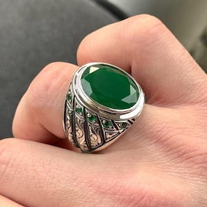 Silver Green Jade Ring, Engraved Men Silver Ring, Natural Green Jade Ring, Oval Gemstone Ring, Unique Men Gift, Gift For Men, 925 Silver