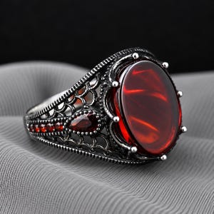 Puede incluir: Un anillo de tono plateado con una gran piedra preciosa de color rojo intenso en forma ovalada como pieza central. La banda presenta un intrincado patrón de filigrana calada y está decorada con piedras rojas más pequeñas, redondas y en forma de gota.