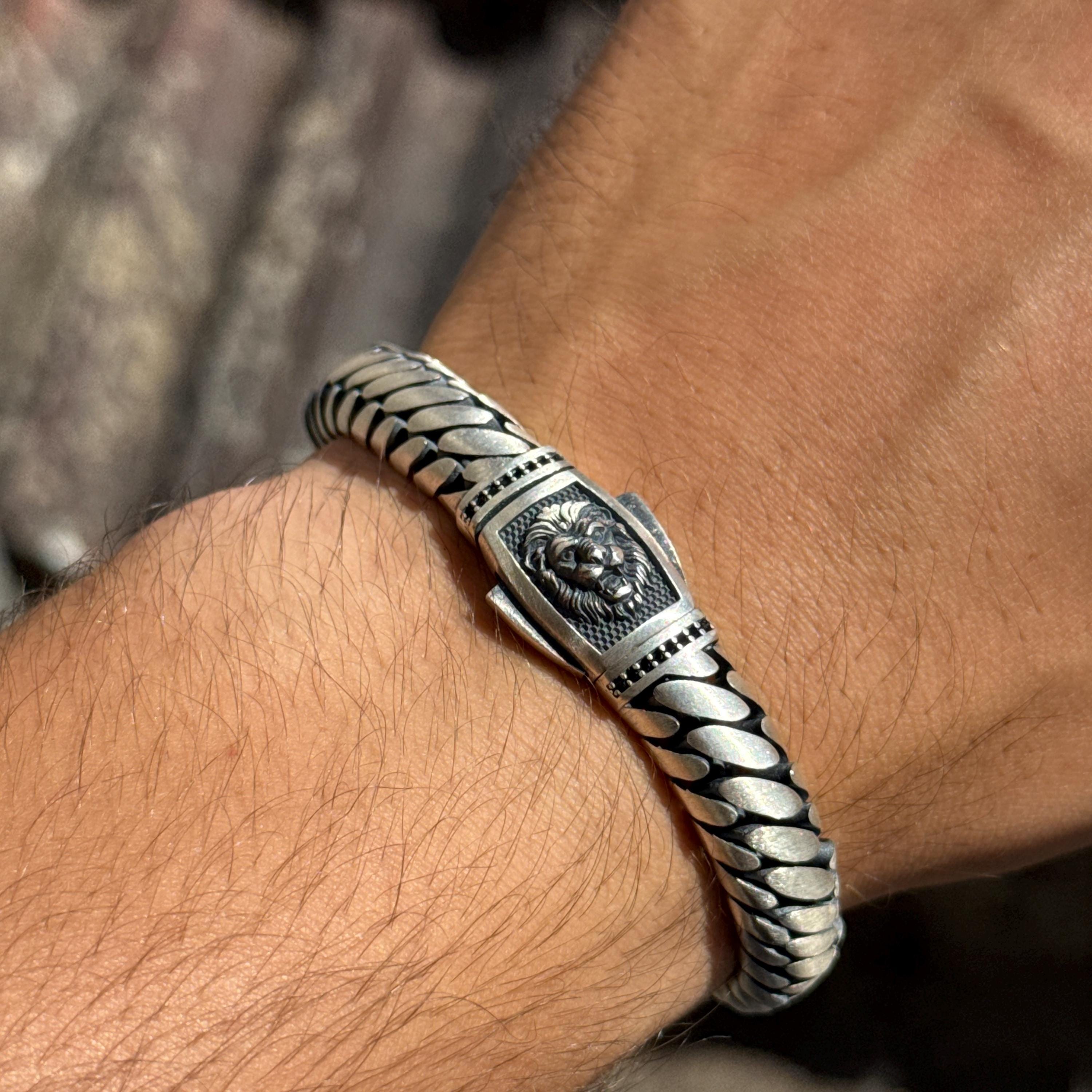 Silver Leon Head Chain Bracelet, 10MM Curb Chain Bracelet, Gourmet
