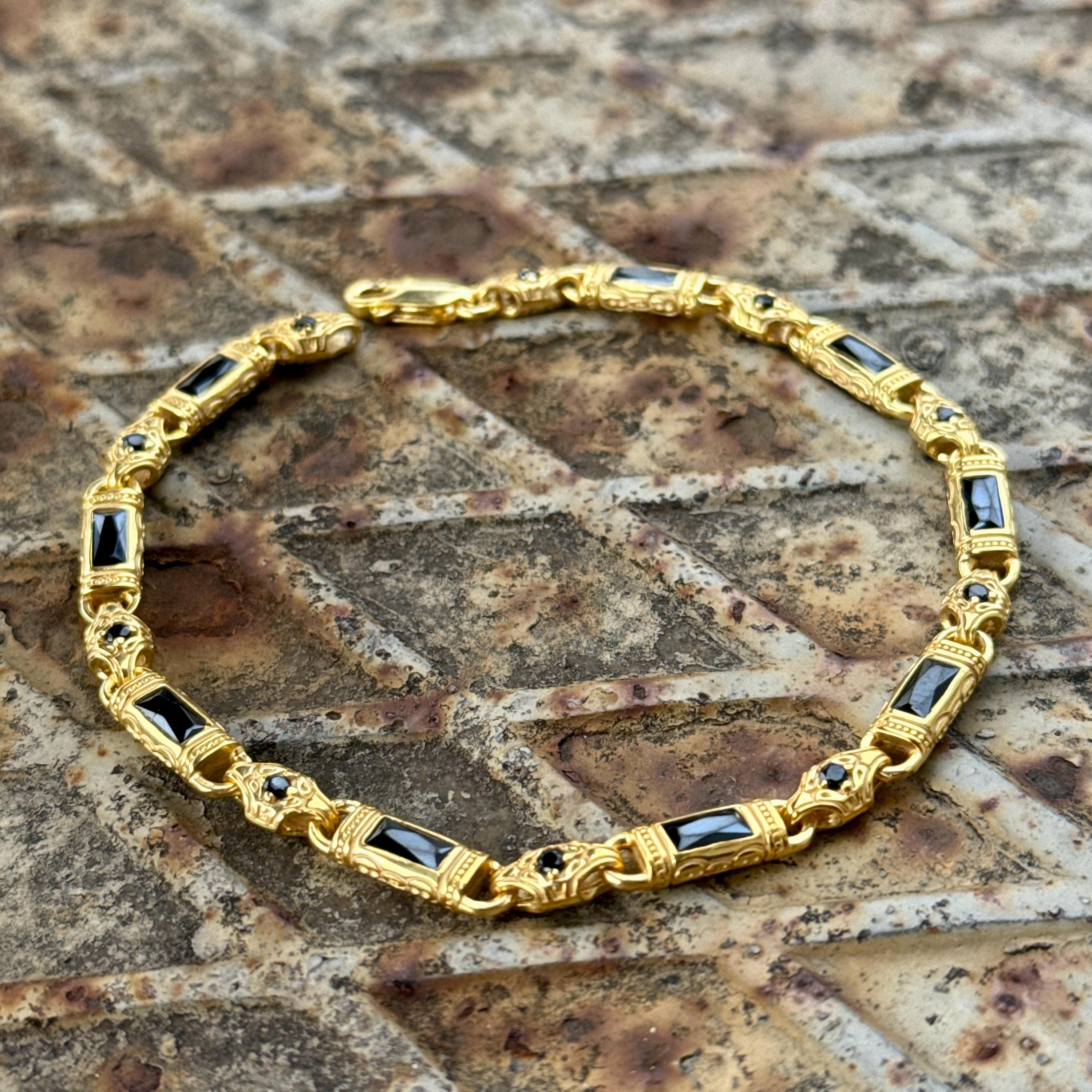 Men Handmade Gold Onyx Engraved Bracelet, Gold Vintage Byzantine