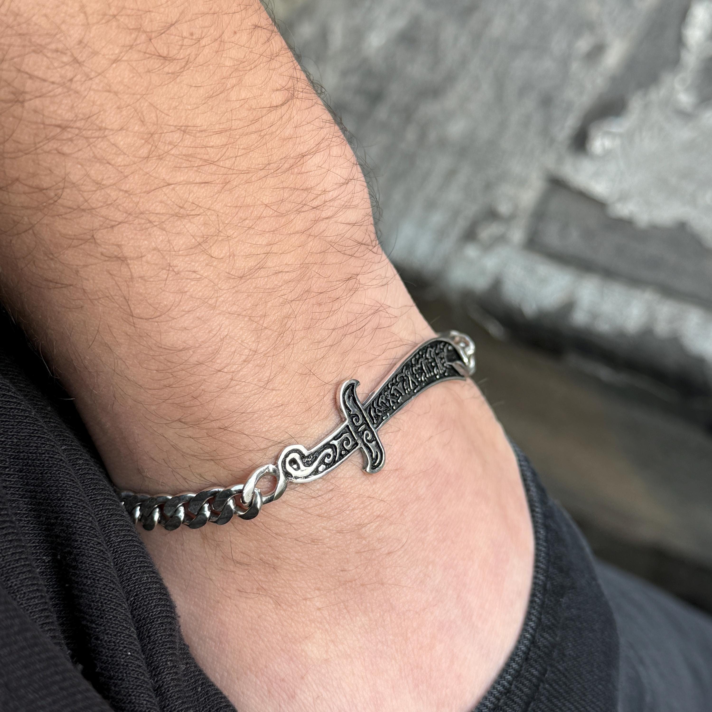 Silver Sword Bracelet, Mens Zulfiqar Chain Bracelet, Curb Chain