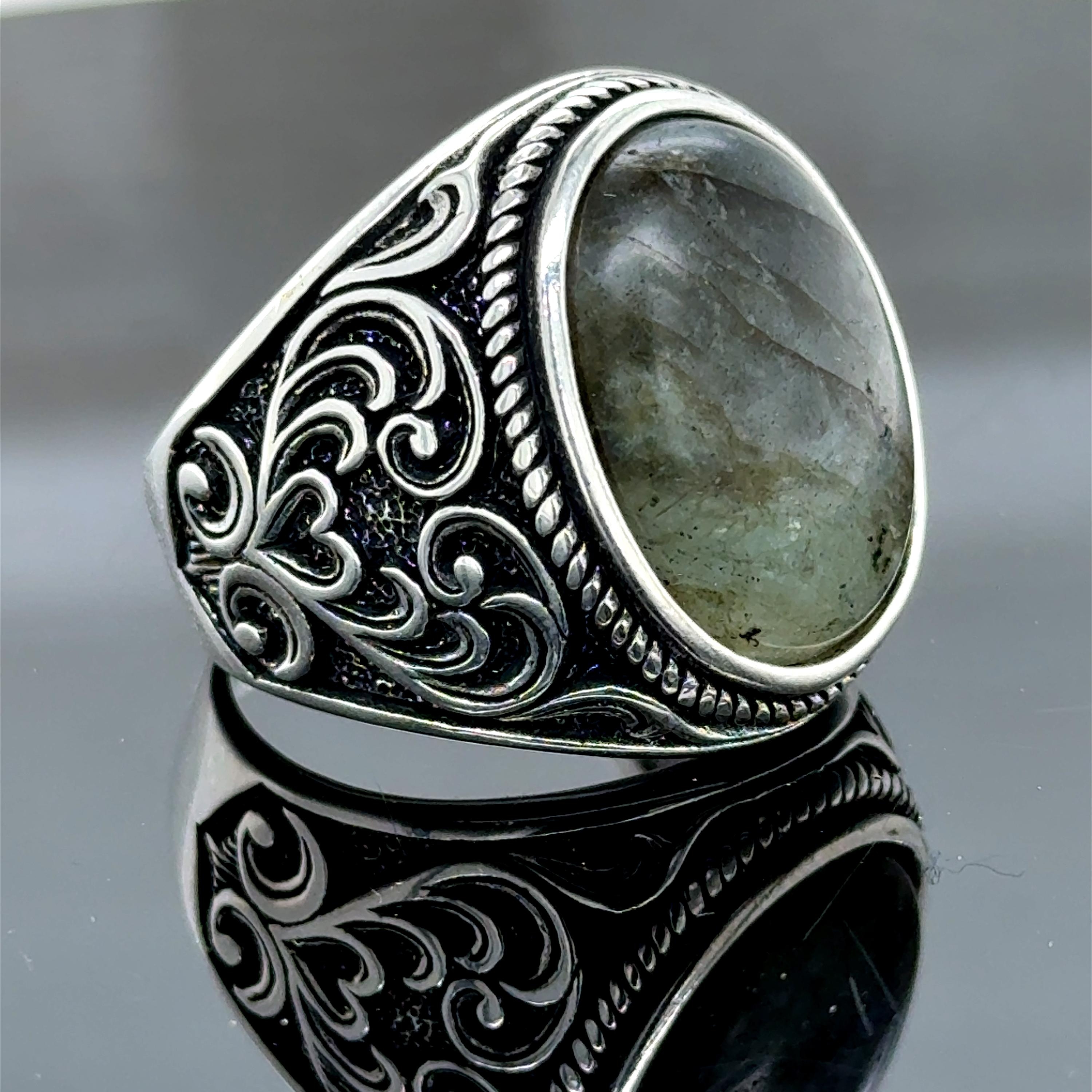 Anello Uomo In Argento 925 Con Labradorite – Design Vintage Ossidato, Misure 60-66, Regalo Elegante - 3