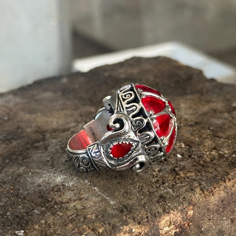 Men Handmade Ruby Stone Ring, Engraved Unique Men Red Gemstone Ring
