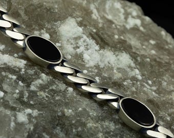 925スターリングシルバーオニキスチェーンブレスレット、キューバン