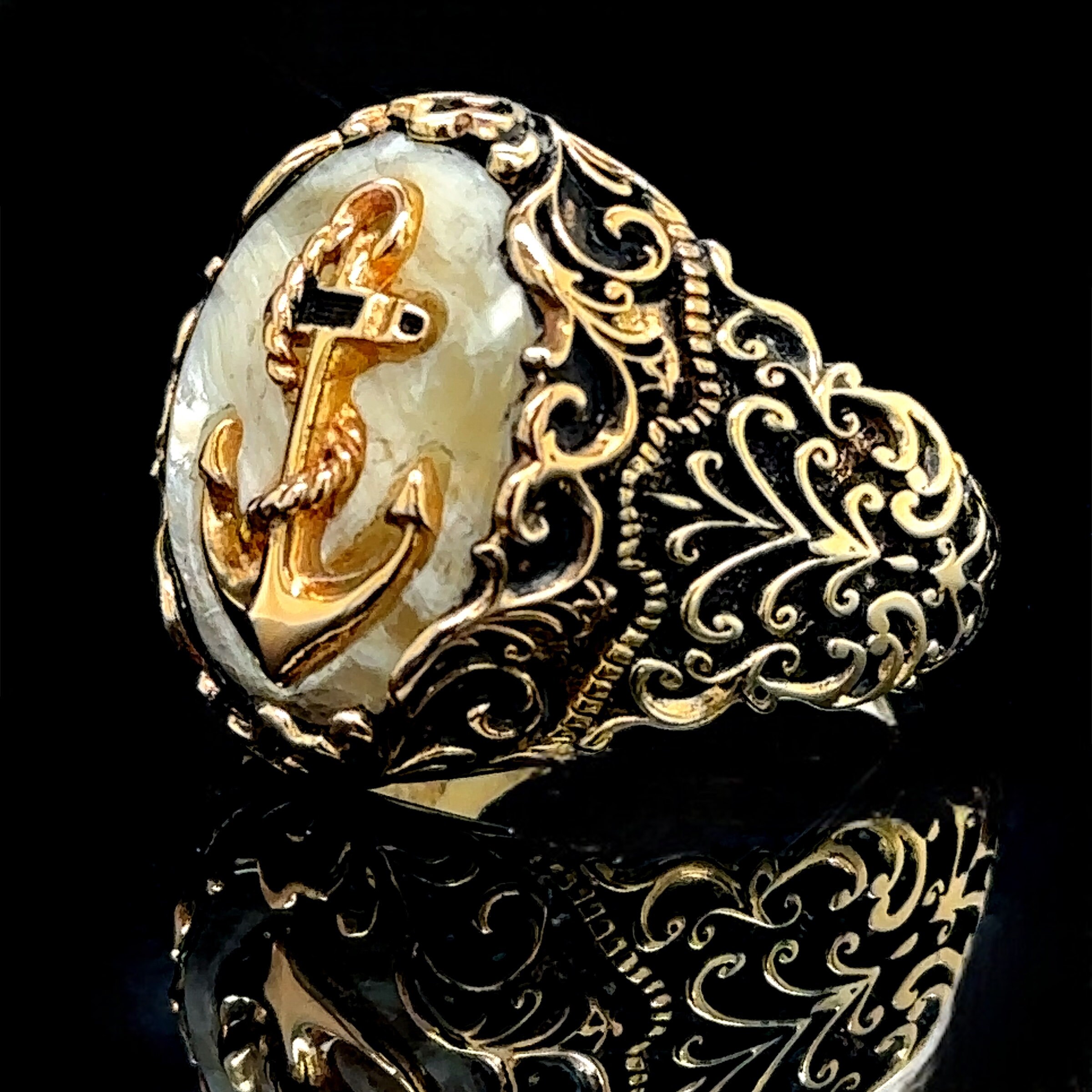 Silver Anchor Captain Ring ,mother of Pearl Stone Ring , Gold Silver ...