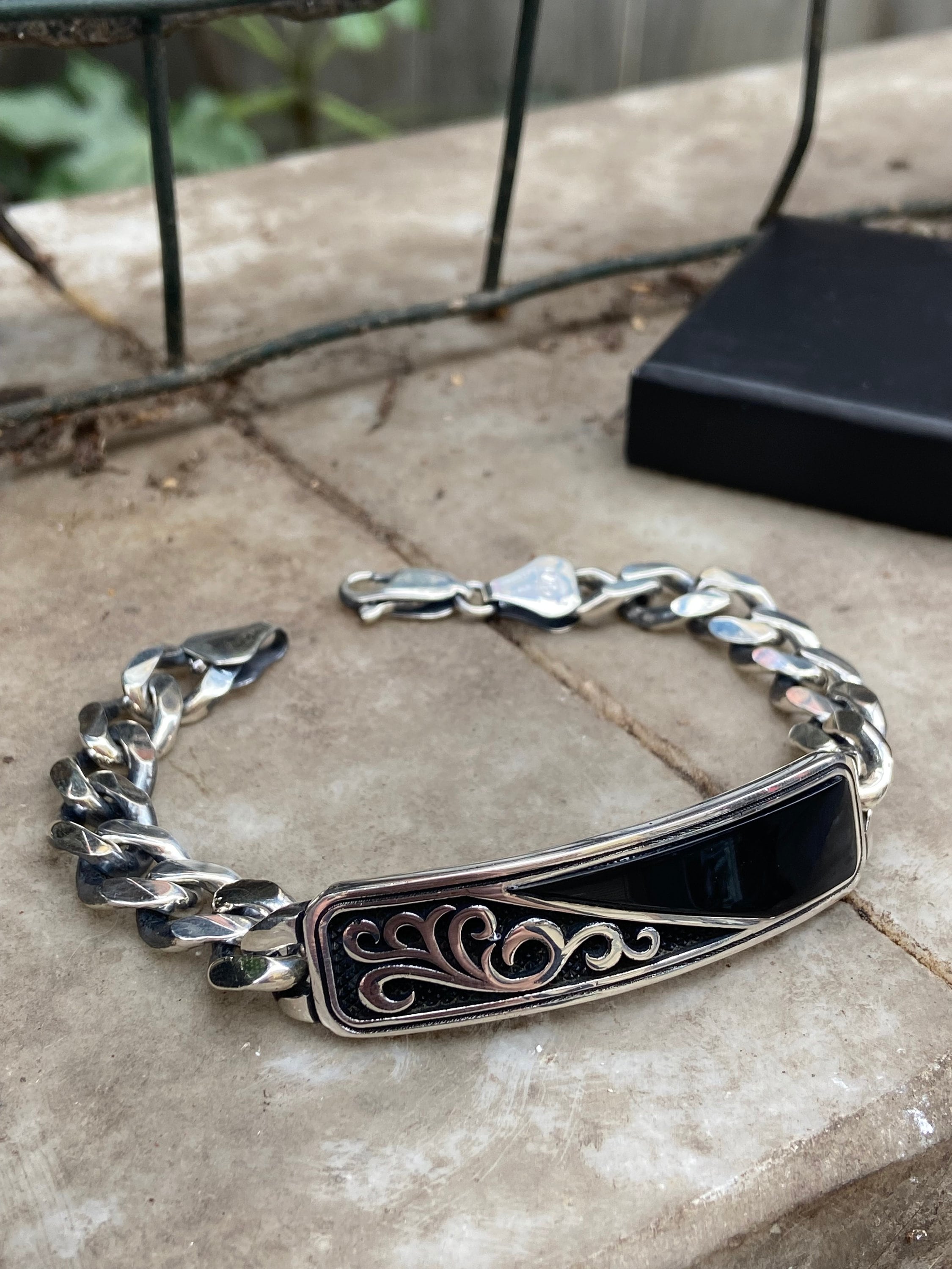 Men Silver Chain Bracelet , Handmade Tag Bracelet , Patterned