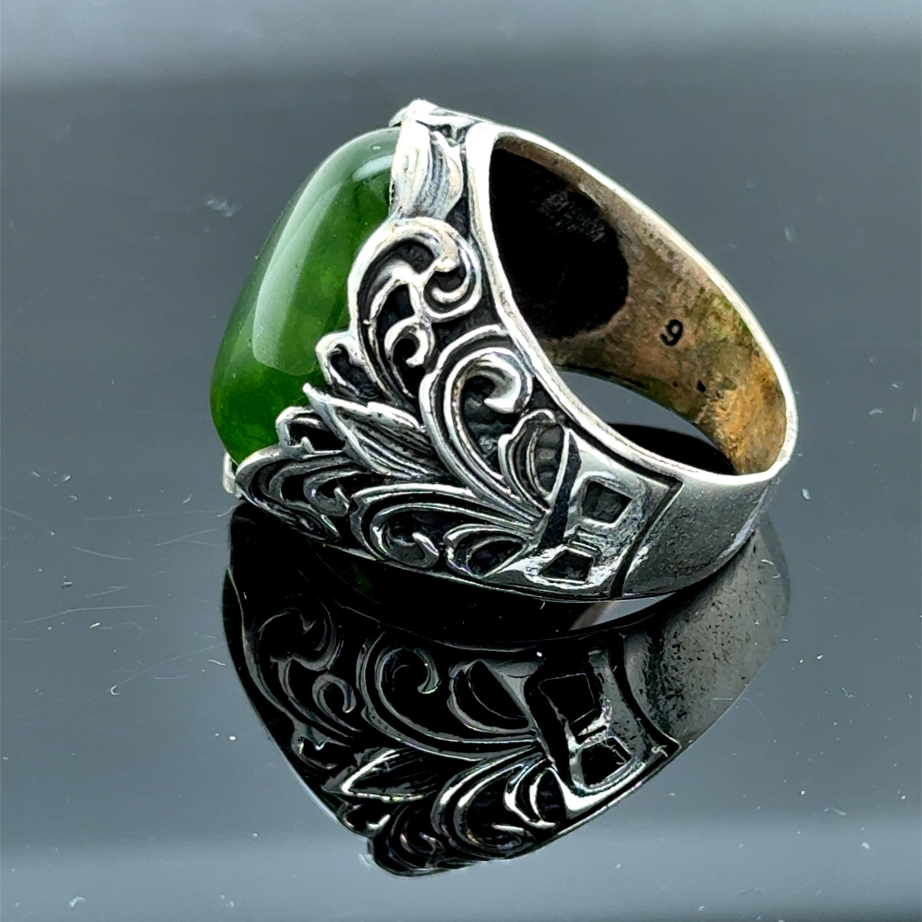 Anello Uomo In Giada Verde Naturale - Largo, Regolabile, Moda Dichiarazione - Foto 6