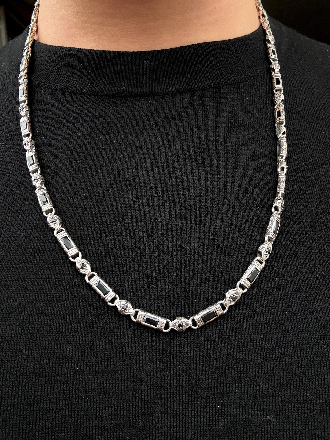 Silver Black Onyx Hand-engraved Chain, Byzantine Chain Necklace