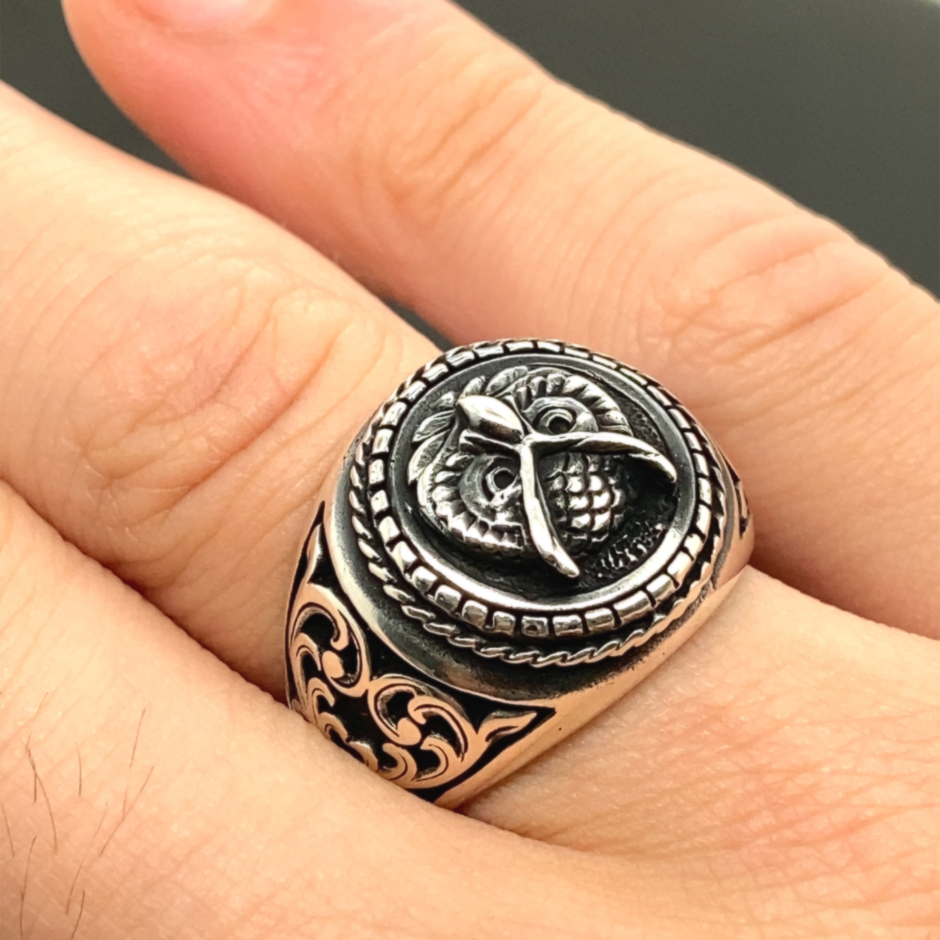 Vintage Silver OWL RING 925×ONYX Sterling Silver Owl Ring - Onyx, Garnets and Marcasite