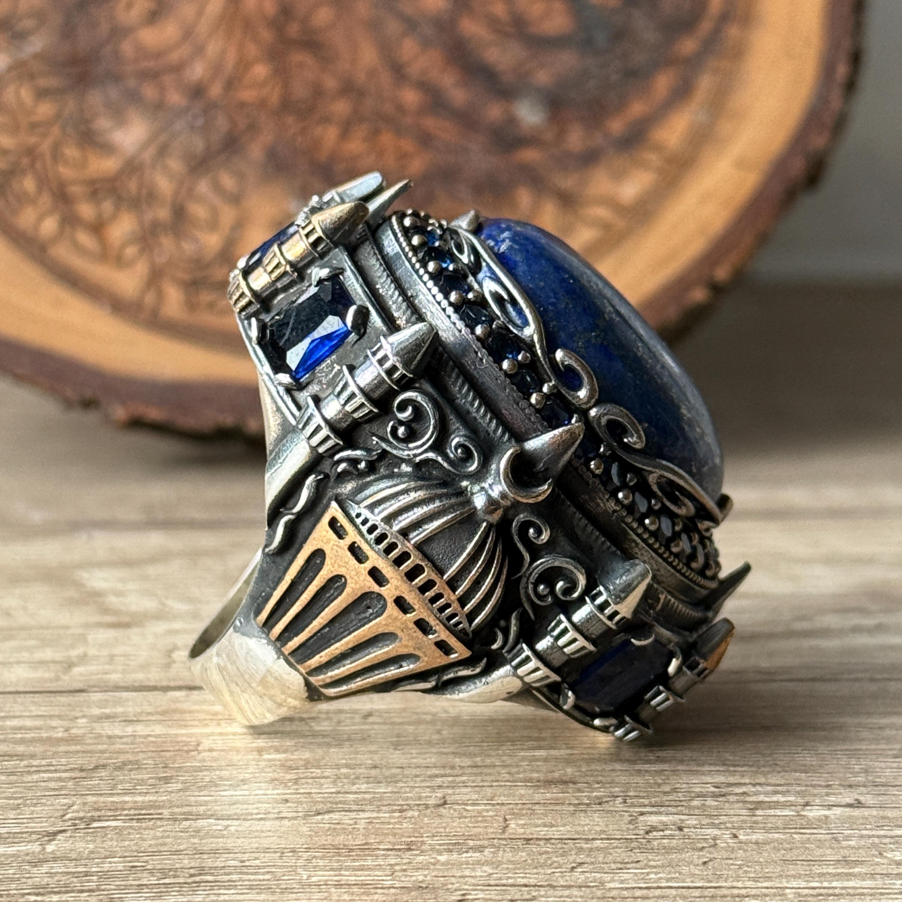 Silver Large Lapis Lazuli Ring, Blue Lapis Big Gemstone Ring, Big