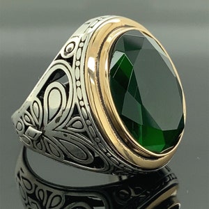 Sterling Silver Emerald Ring , Men Green Light  Emerald Stone Ring , Handmade Oval Gemstone Ring , Vintage Style Emerald Ring , Gift For Him