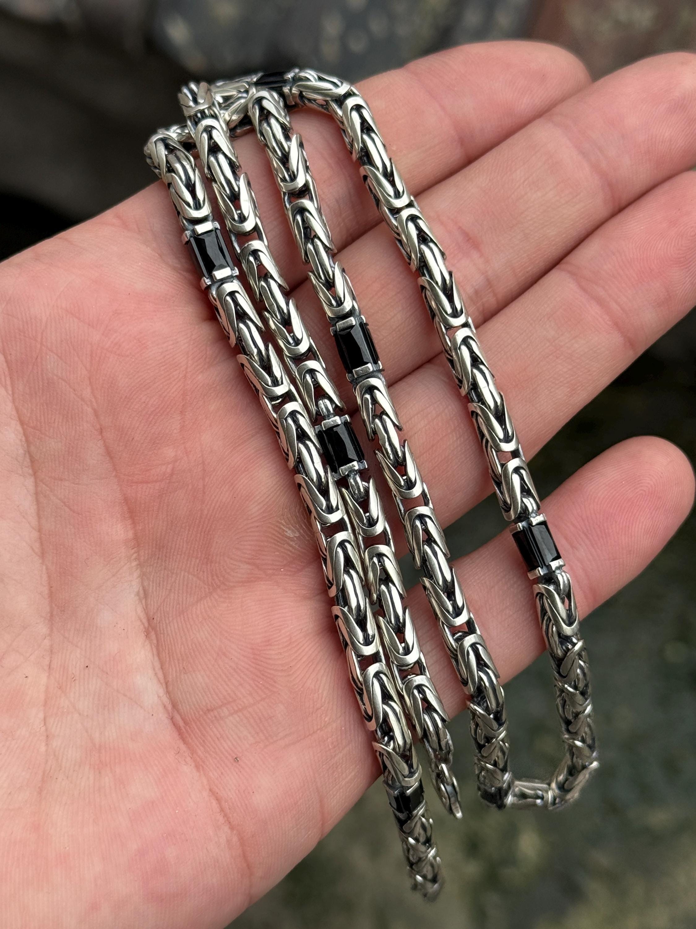 925シルバー 5mm ブラックオニキス キングビザンチンネックレス、重厚