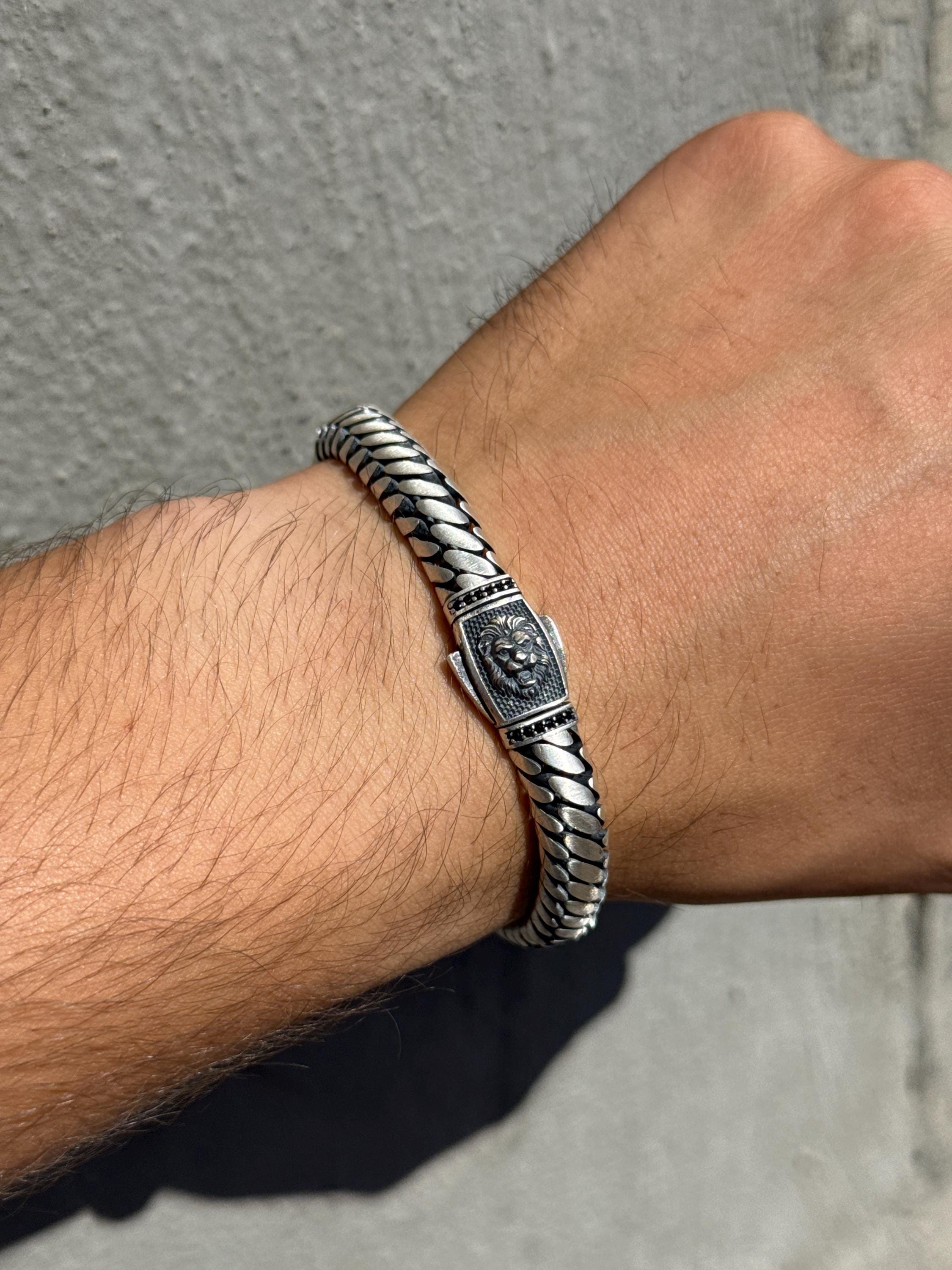 925 Sterling Silver Curb Chain Bracelet, Leon Head Chain Bracelet