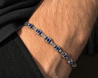 925 Silver Sapphire Stone Chain Bracelet, Vintage Hand Engraved Sapphire Link Bracelet, Men Link Bracelet, Gift For Men, Bracelet For Men