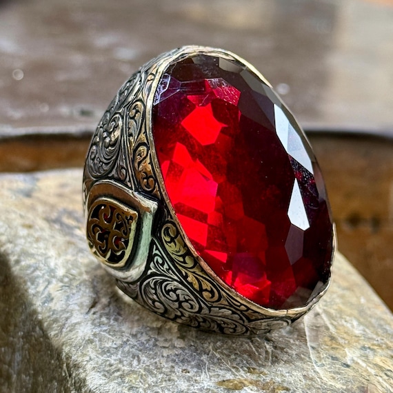 Man Handmade Large Ruby Ring, Ottoman Style Red Zircon Ring, Big