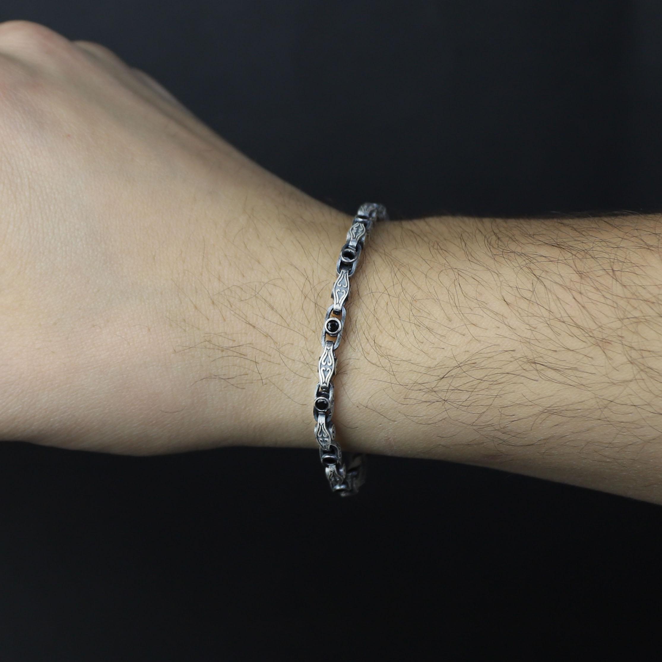 925 Silver Black Onyx Engraved Chain Bracelet, Vintage Byzantine