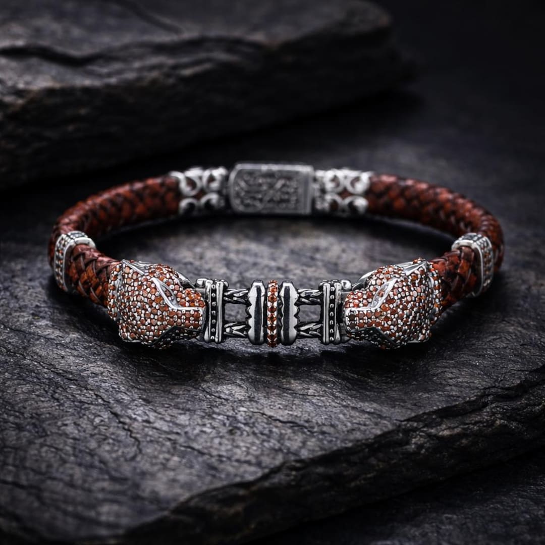 Silver Panther Leather Bracelet, Silver Ruby Panther Tiger
