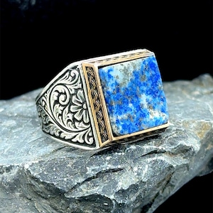 Man Square Lapis Lazuli Ring, Handmade Natural Lapis Ring, Ottoman Style Men Ring, Father Day Gift, 925k Sterling Silver Ring , Gift For Him
