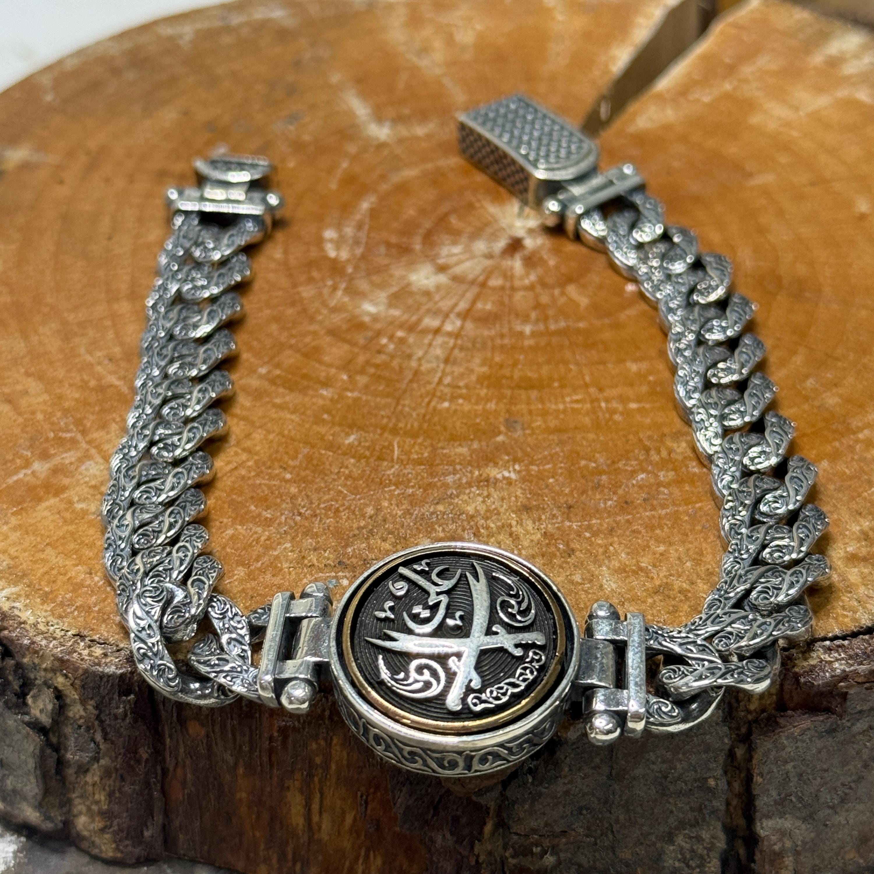 Silver Ali Zulfiqar Bracelet, 925 Curb Chain Men Bracelet