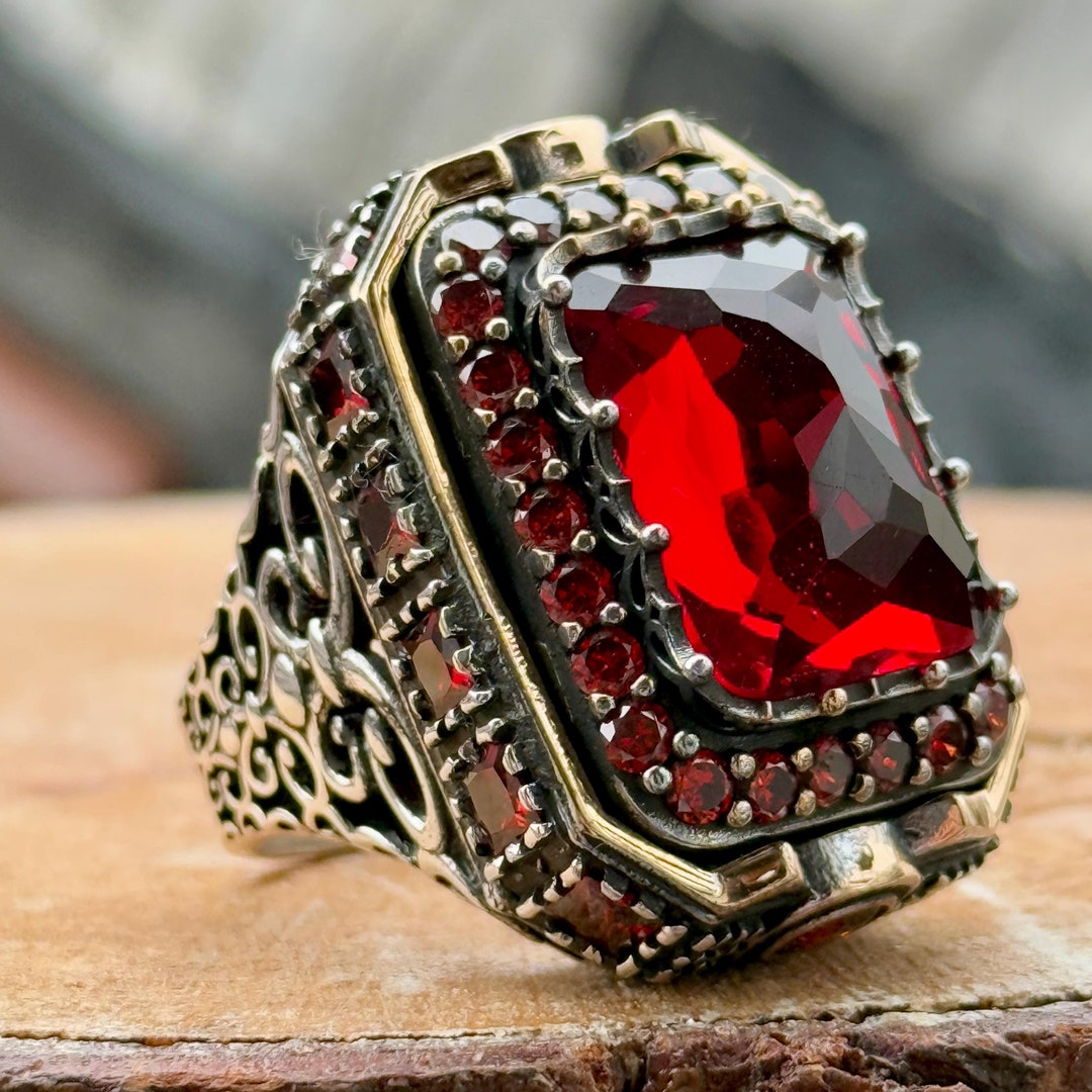 Men Handmade Ruby Stone Ring, Large Ottoman Style Men Ring, Red Stone ...