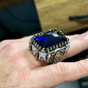 Men Silver Sapphire Ring, Vintage Engraved Large Sapphire Ring, Blue Gemstone Signet Ring, Unique Men Gift, 925 Sapphire Wedding Ring
