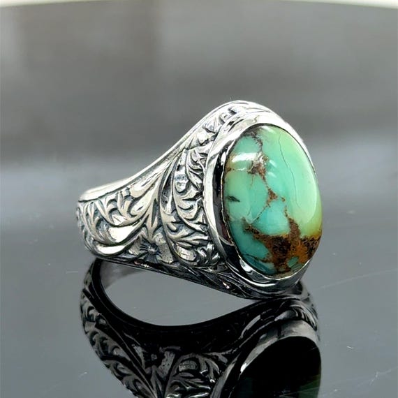 Silver Natural Turquoise Ring, Green Turquoise Ring, Engraved Men