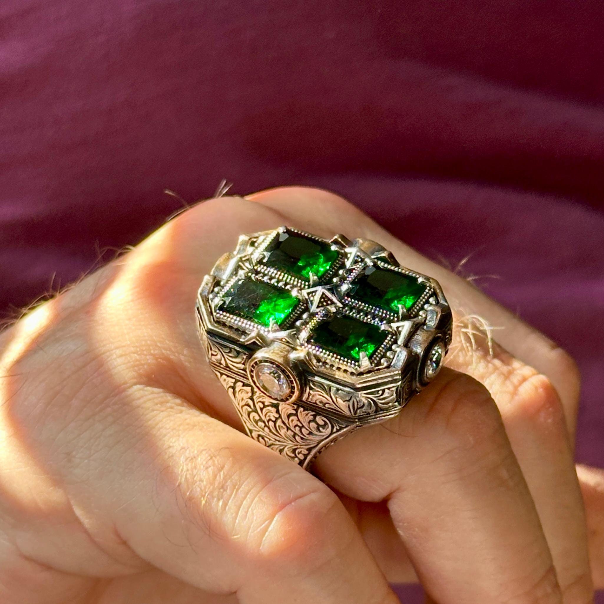 アクセサリー square green stone design ring vintage Green Stone Inlay Square Wedding Ring Stainless Steel Men's