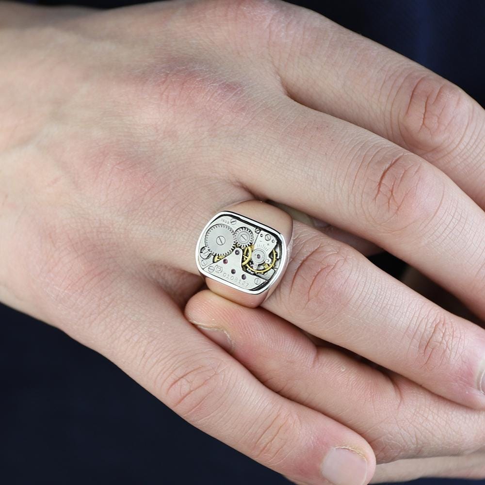 Handmade Watch Mechanism Ring, Silver Clock Mechanism Signet Ring