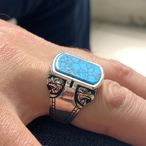 Men Handmade Silver Ring , Turquoise Stone , Natural  Turquoise Gemstone Ring , Handcrafted Ottoman Men Ring ,  Gift for Him