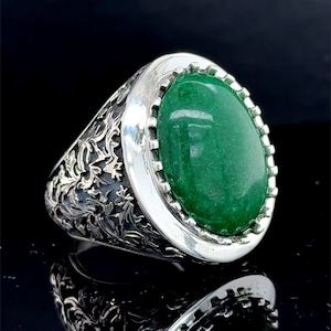 Silver Green Jade Stone Ring, Floral Engraved Jade Stone Ring, Turkish Handmade Ring, Natural Gemstone Men Ring, Men Gift, 925 Silver