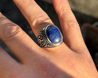 天然ラピスラズリリング、メンズトルコハンドメイドラピスラズリリング