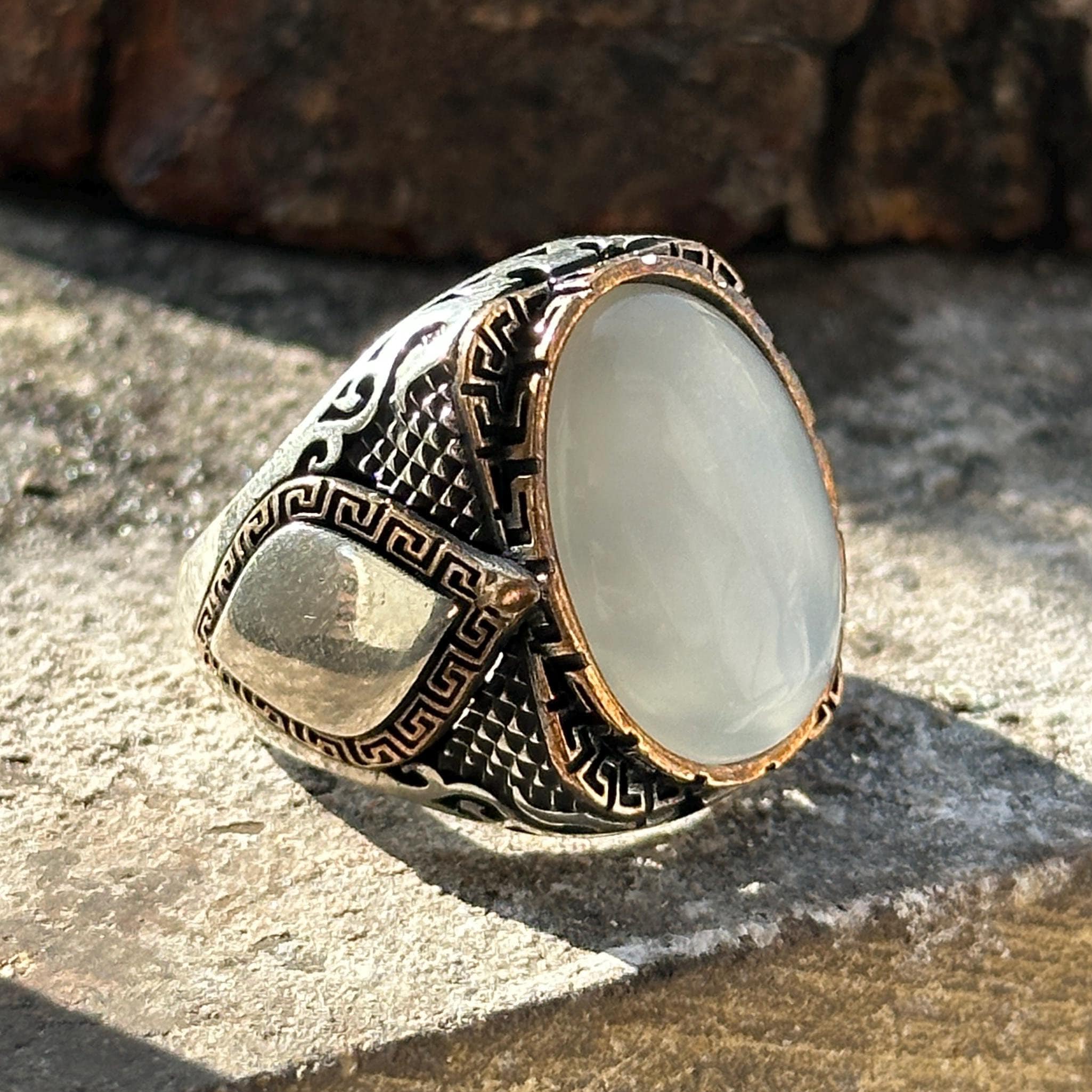 Men Silver Moonstone Ring, Engraved Men Handmade Ring, Real