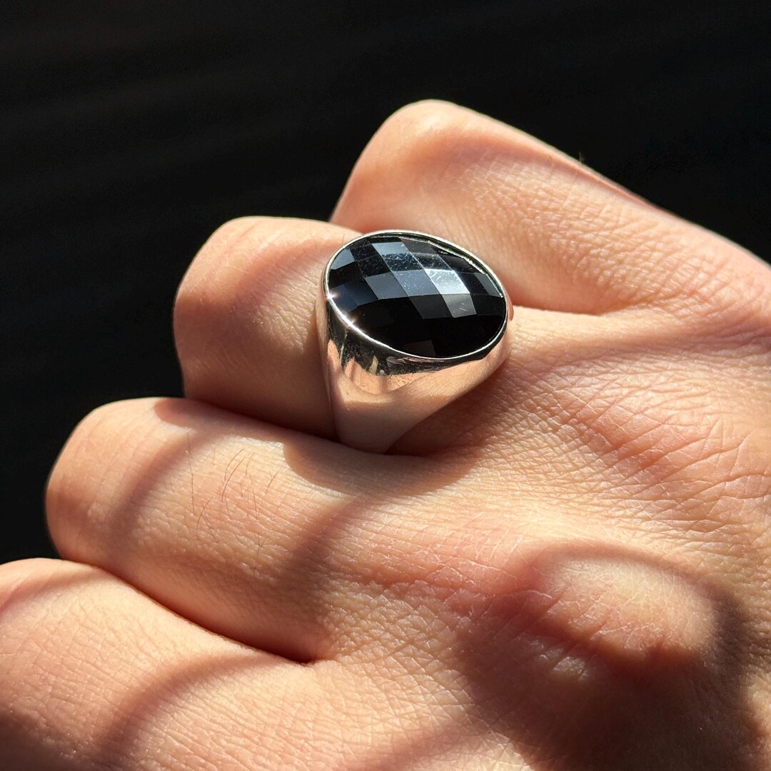 Silver Black Stone Ring, Classic Onyx Stone Ring, Oval Men Classic