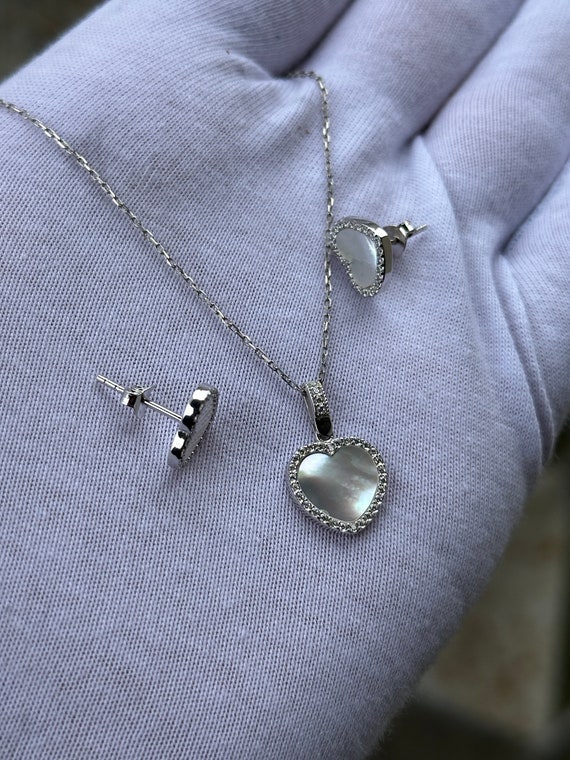 ★ROSEMONT★ Silver mother-of-pearl heart earrings necklace Mother of Pearl Heart Necklace, Mother of Pearl Earrings Set