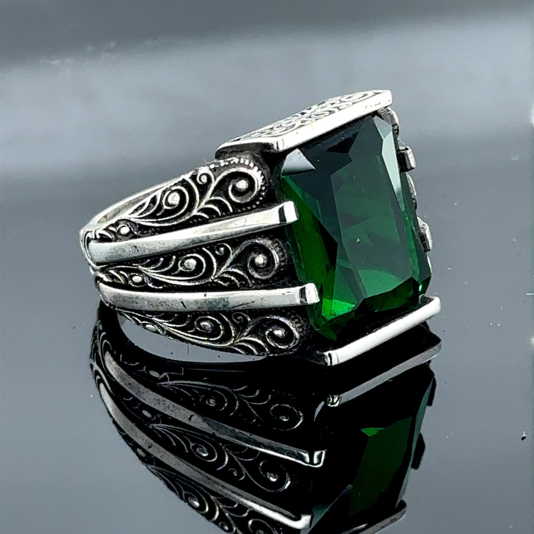 Anillo de esmeralda verde plateado para hombre, anillo de hombre