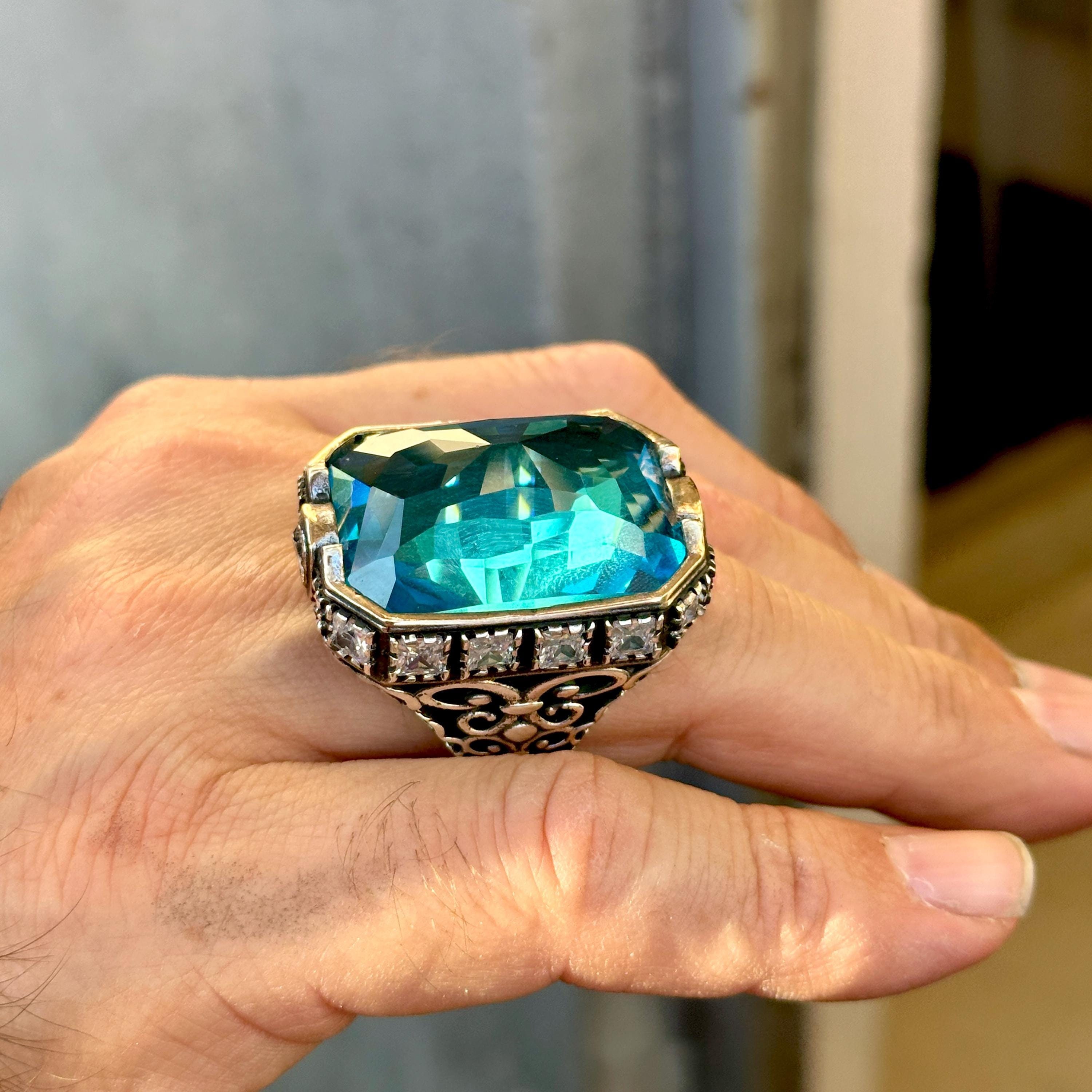 Bague aigue-marine en argent pour homme, grande bague pour homme unique, bague de style ottoman, argent sterling turc fait main, cadeau pour lui, cadeau fête des pères