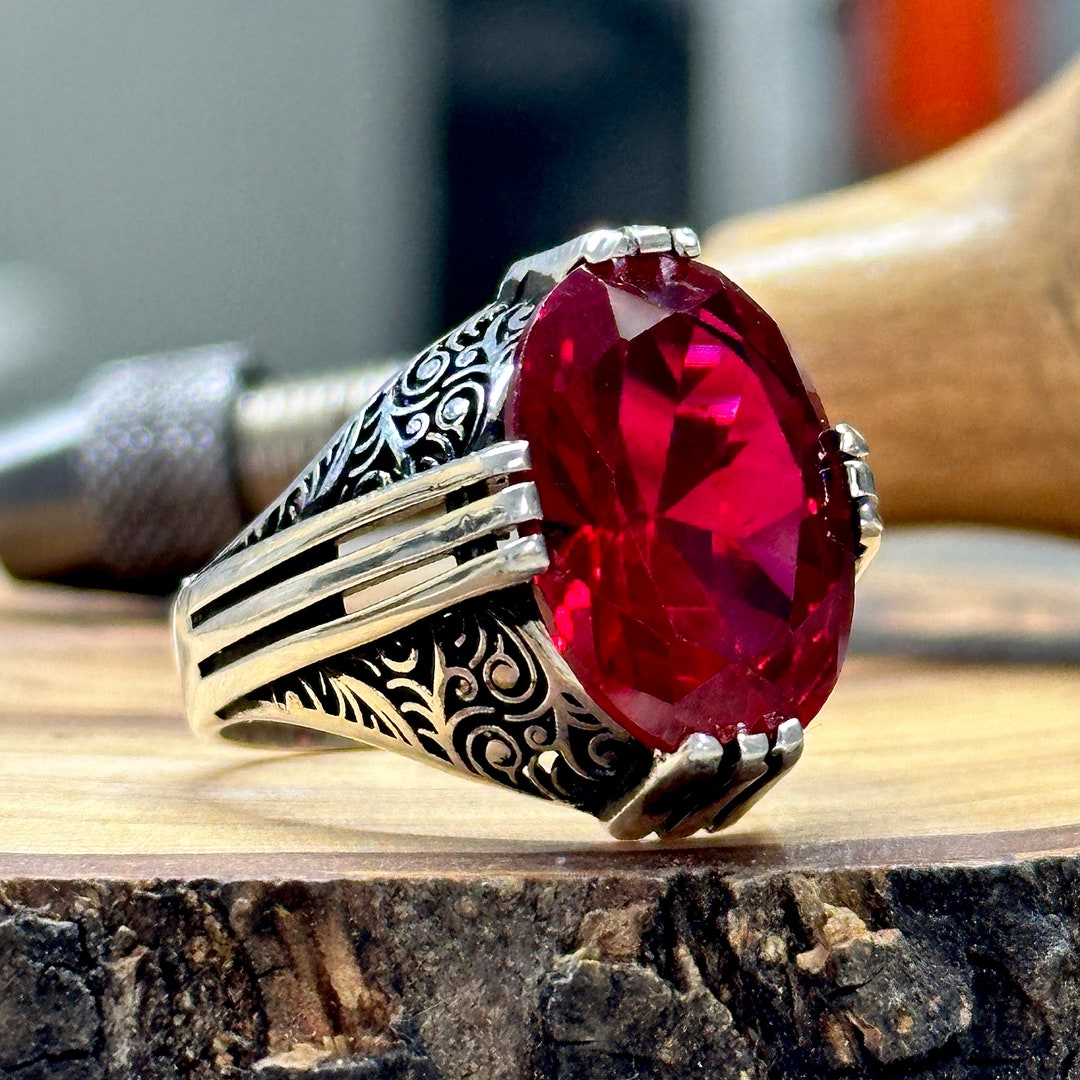 Silver Ruby Stone Ring , Men Handmade Red Stone Ring , Garnet Ring