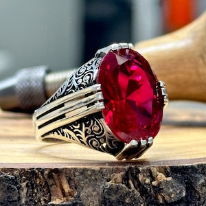 Silver Ruby Stone Ring , Men Handmade Red Stone Ring , Garnet Ring, Ottoman Style Handmade Ring , 925k Sterling Silver Ring , Gift For Him