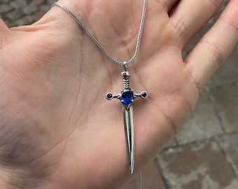 Silver Sword Pendant , Sapphire Stone Sword Necklace , Silver Warrior Necklace , Unisex Silver Sword Pendant , 925k Sterling Silver