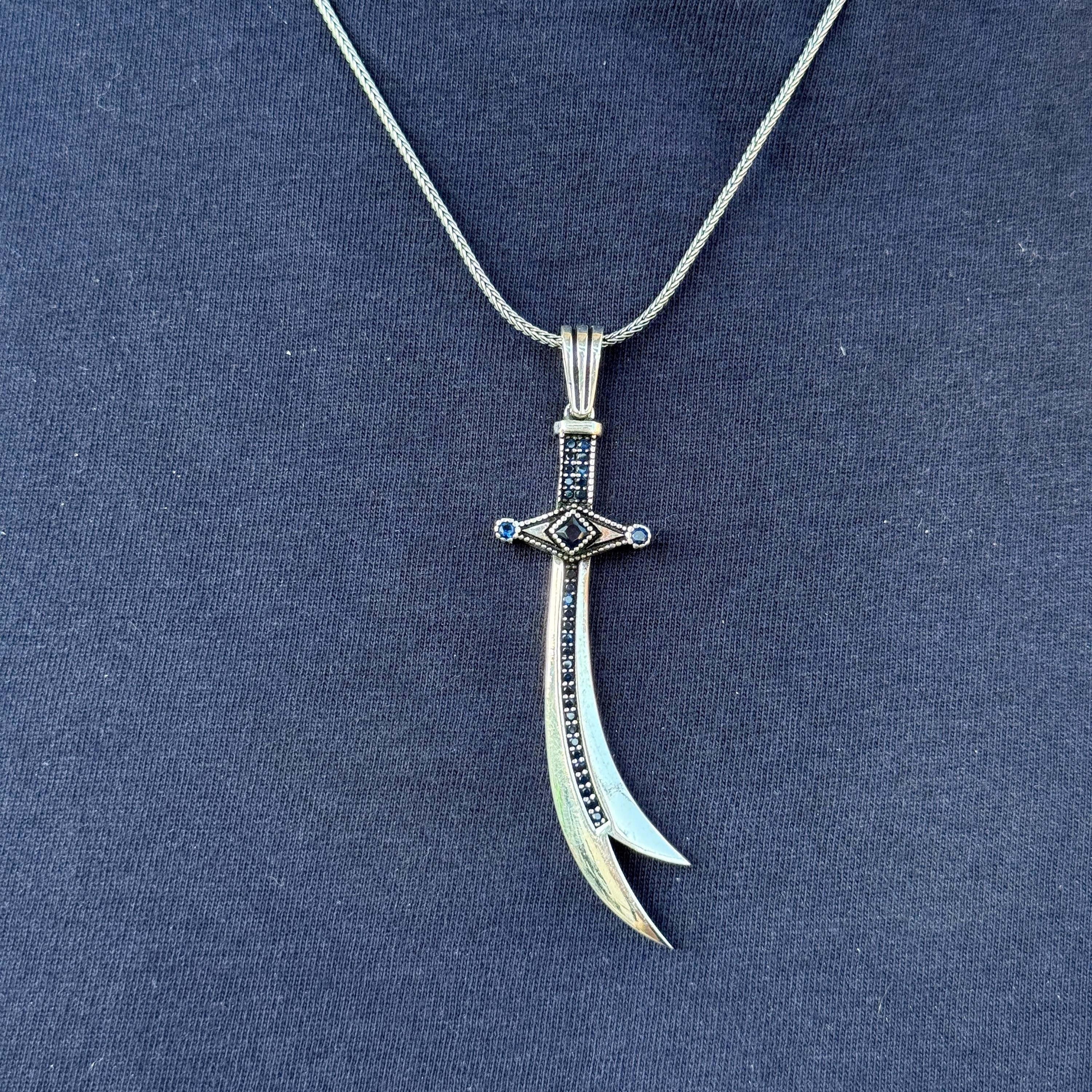 Silver Zulfiqar Necklace , Sapphire Stone Sword Pendant, 925