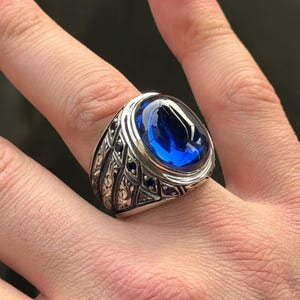 Silver Sapphire Ring, Men Engraved Blue Gemstone Ring, Oval Sapphire Ring, Turkish Handmade Engraved Ring, 925 Sterling Silver Ring