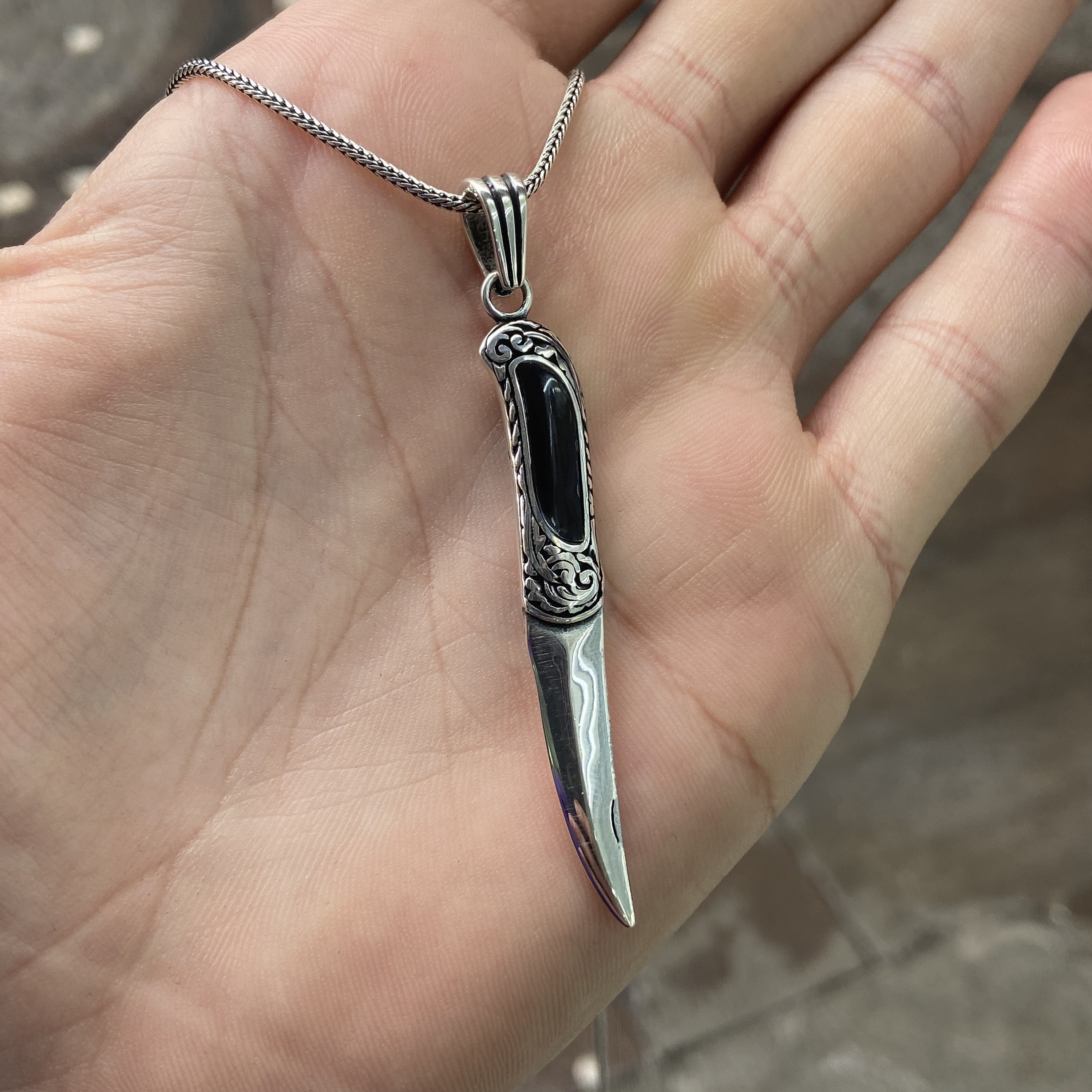 Silver Dagger Necklace , Silver Sword Necklace , Onyx Stone
