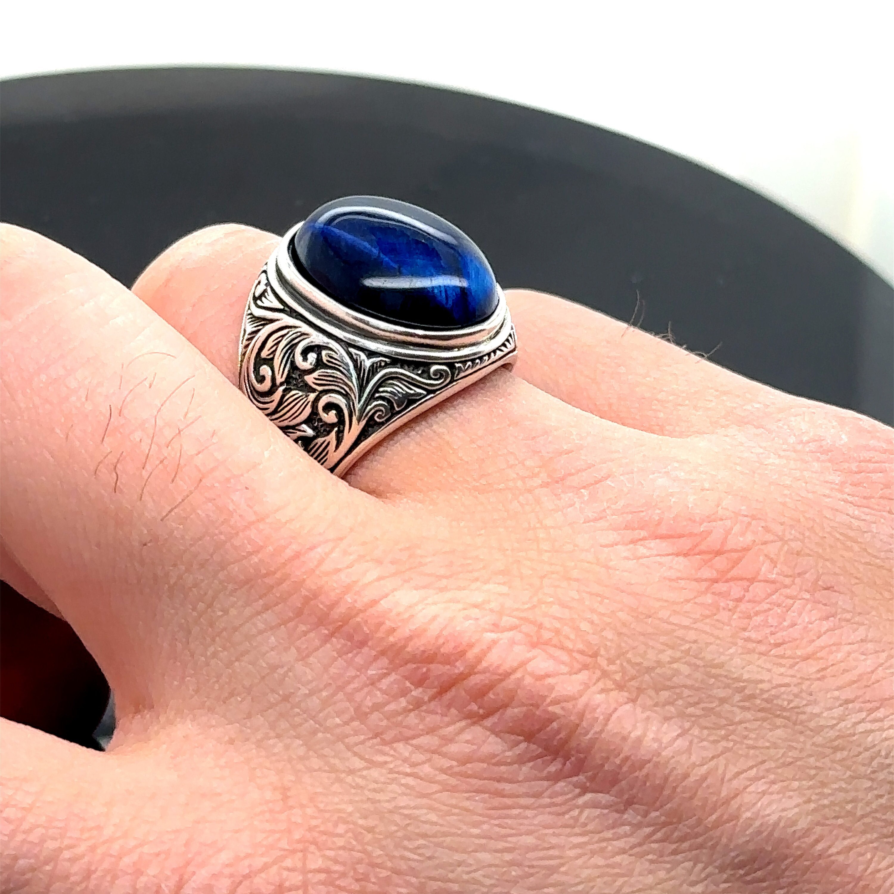 Silver Blue Tiger Eye Stone Ring , Handmade Tiger Eye Gemstone