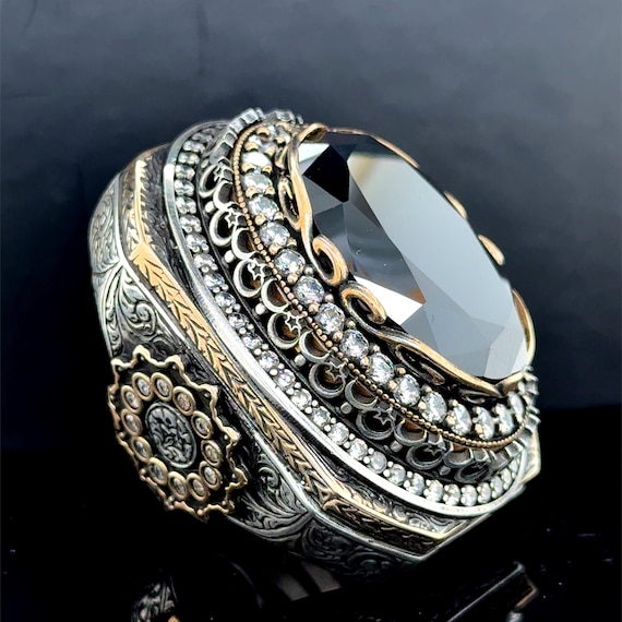 Men Silver Black Stone Ring, Large Black Diamond Ring, Turkish