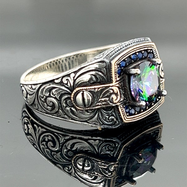 Silver Mystic Topaz Ring , Minimal Handmade Ring , Turkish Handmade Silver Men Ring ,  Colorized Stone Ring , 925k Sterling Silver