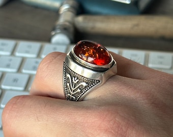 Anello Con Pietre Preziose Ambra In Argento Sterling 925 Fatto A Mano