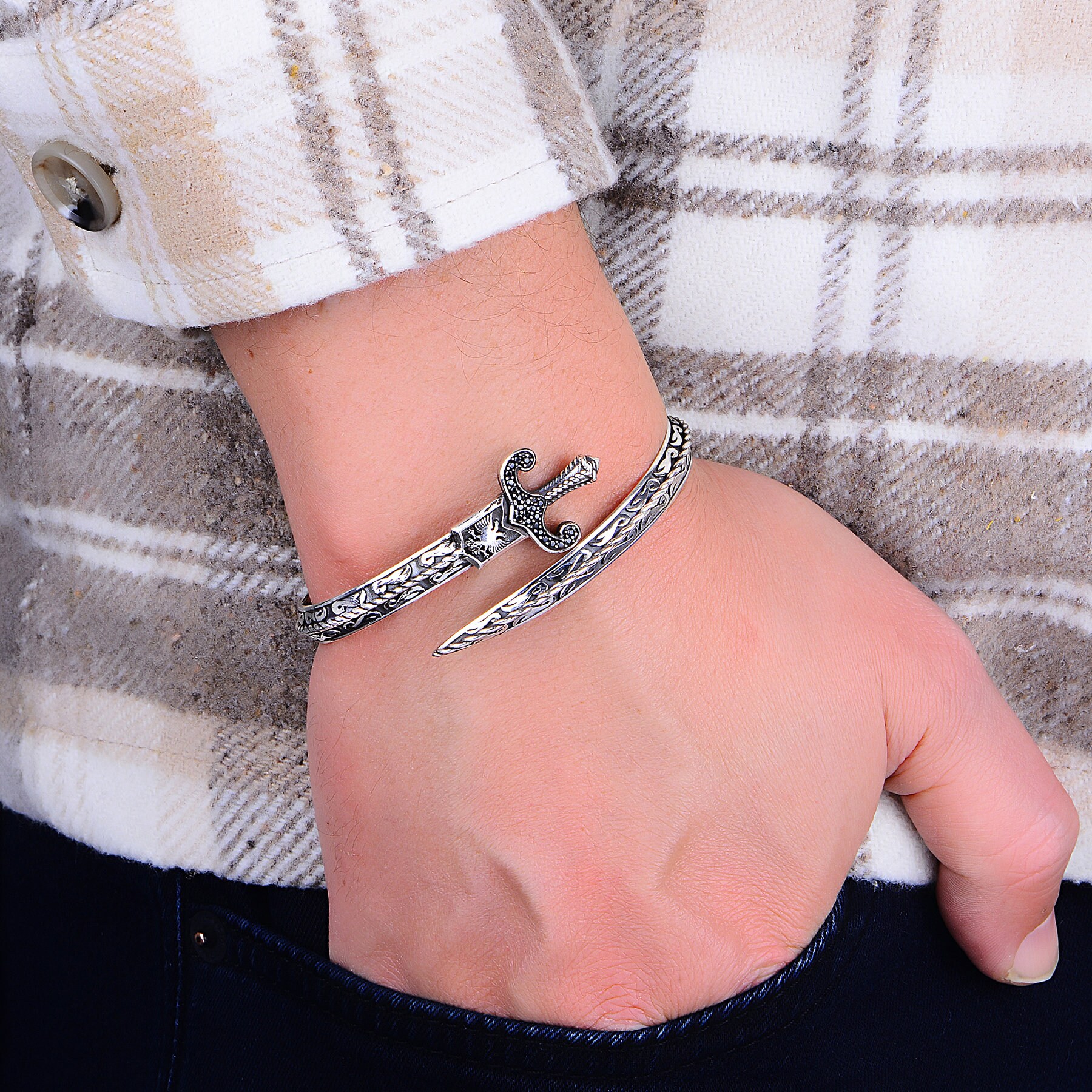 Silver Sword Bracelet , Black Stone Sword Bracelet