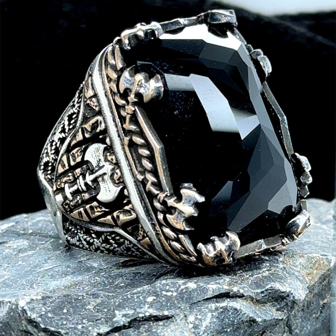 Men Handmade Ring , Men Black Stone Axe Ring , Silver Large Men